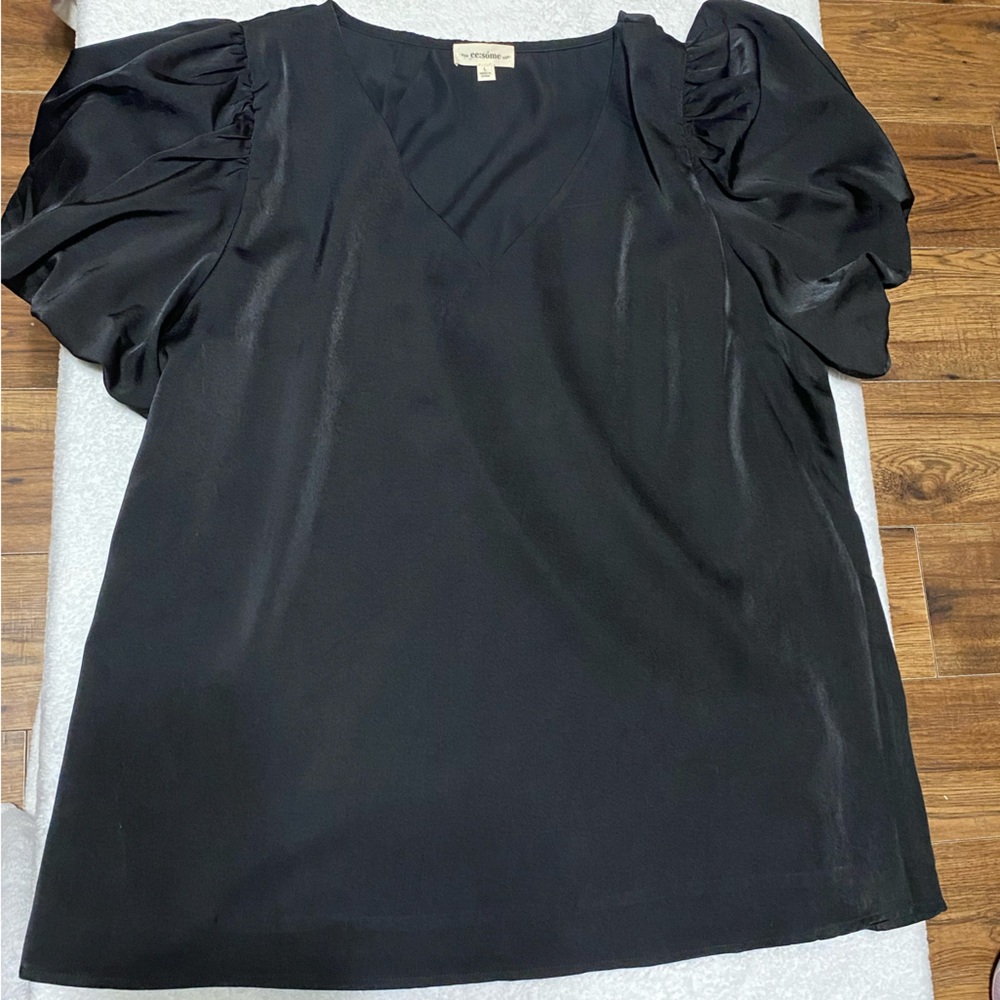Black silk puff sleeve blouse